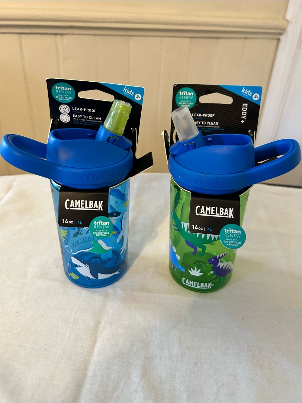 NWT CamelBak Eddy Kids 14oz Water Bottles - Blue Shark & Green Dinosaur